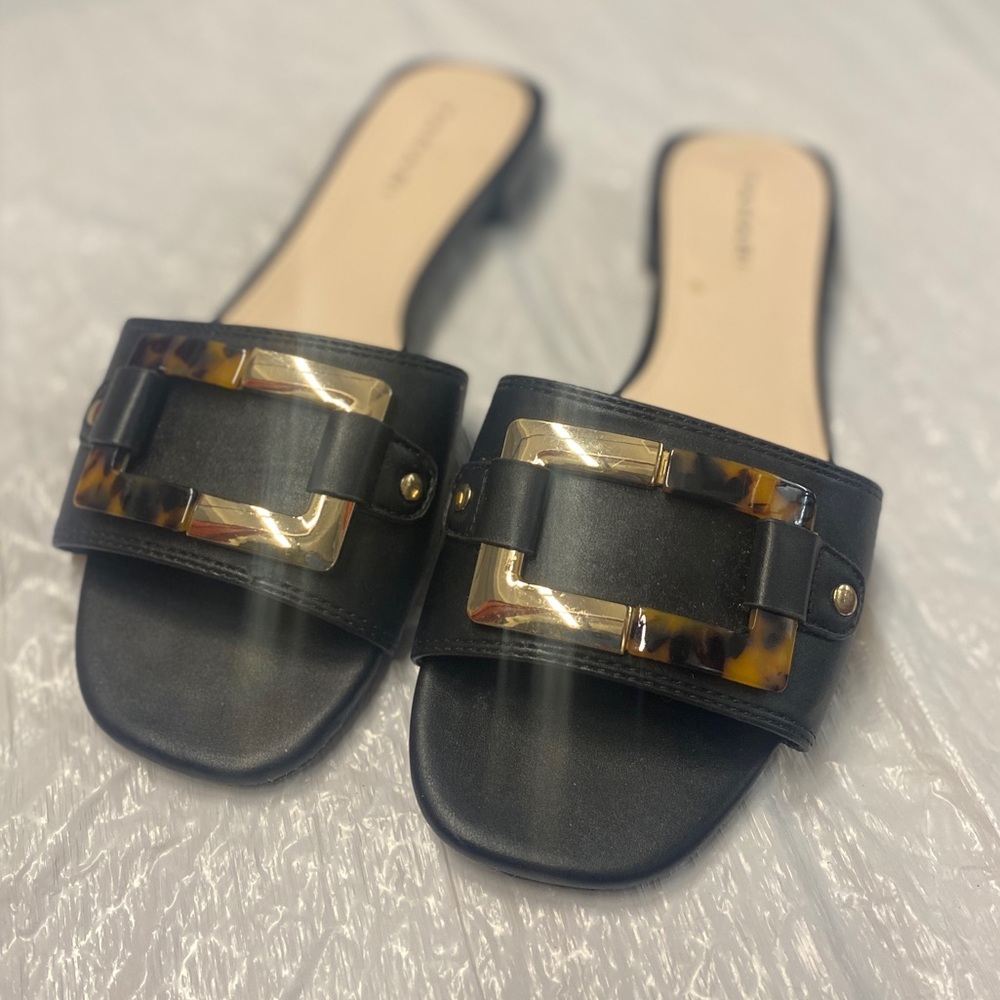 Tahari Lidiya Black Slide Sandals with Gold-Tortoise Buckle | Size 7.5